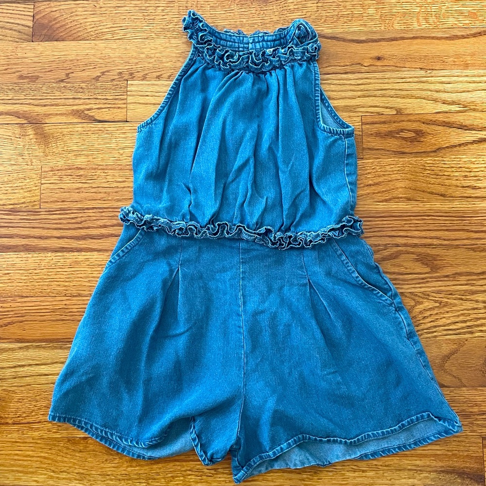 Habitual ruffle denim sleeveless jumper. Zipper back with side pockets.